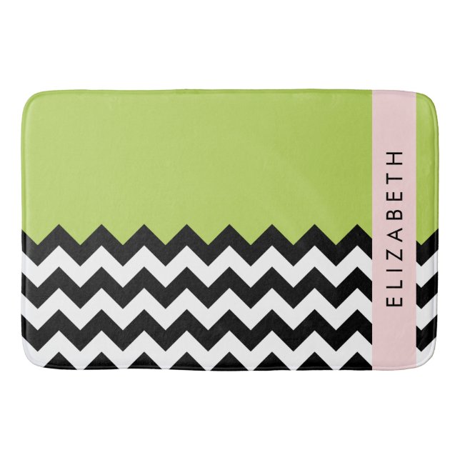 Black and White Zigzag, Chevron, Grönt, ditt namn Badrumsmatta (Framsidan)
