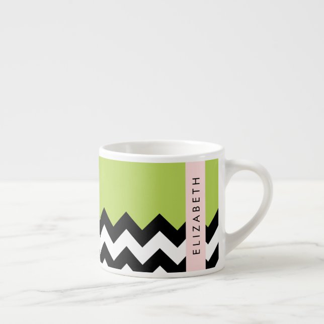 Black and White Zigzag, Chevron, Grönt, ditt namn Espressomugg (Höger)