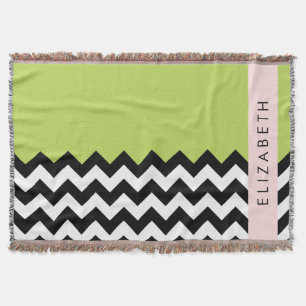 Black and White Zigzag, Chevron, Grönt, ditt namn Filt