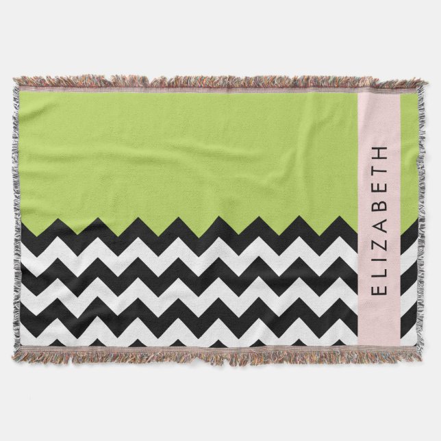 Black and White Zigzag, Chevron, Grönt, ditt namn Filt (Framsidan)