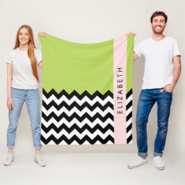 Black and White Zigzag, Chevron, Grönt, ditt namn Fleecefilt
