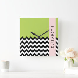 Black and White Zigzag, Chevron, Grönt, ditt namn Fyrkantig Klocka