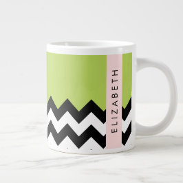 Black and White Zigzag, Chevron, Grönt, ditt namn Jumbo Mugg