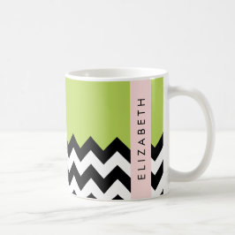 Black and White Zigzag, Chevron, Grönt, ditt namn Kaffemugg