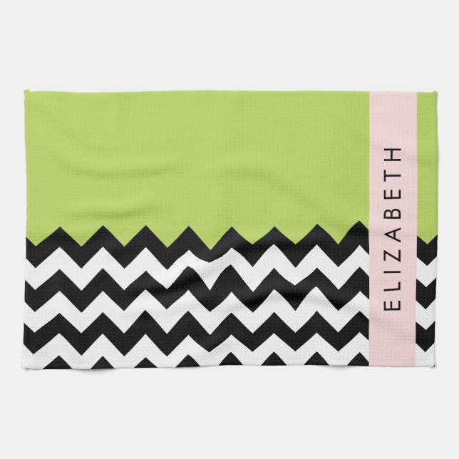 Black and White Zigzag, Chevron, Grönt, ditt namn Kökshandduk (Horisontell)