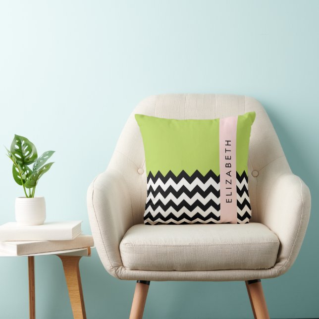 Black and White Zigzag, Chevron, Grönt, ditt namn Kudde (Stol)