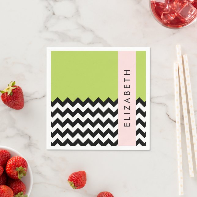 Black and White Zigzag, Chevron, Grönt, ditt namn Pappersservett (Insitu)