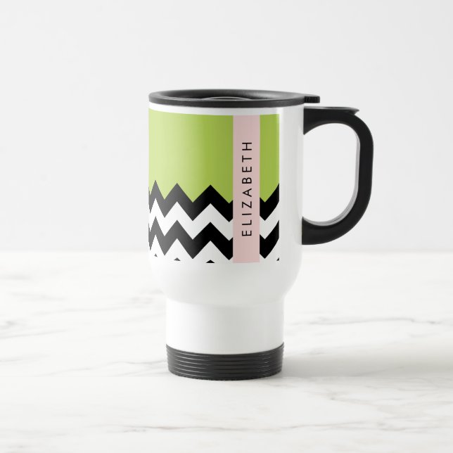 Black and White Zigzag, Chevron, Grönt, ditt namn Resemugg (Höger)