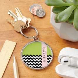 Black and White Zigzag, Chevron, Grönt, ditt namn Rund Silverfärgad Nyckelring
