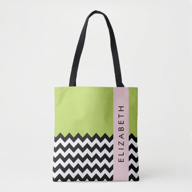 Black and White Zigzag, Chevron, Grönt, ditt namn Tygkasse (Framsida)