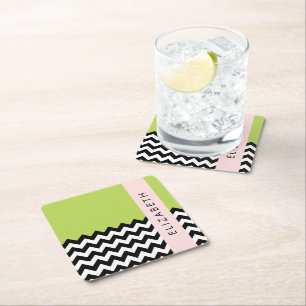 Black and White Zigzag, Chevron, Grönt, ditt namn Underlägg Papper Kvadrat