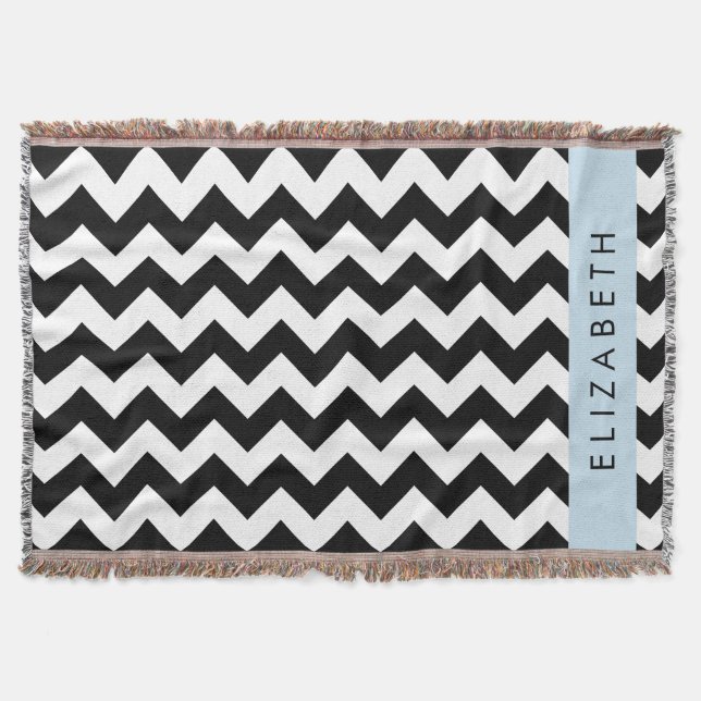 Black and White Zigzag, Chevron Mönster, ditt namn Filt (Framsidan)