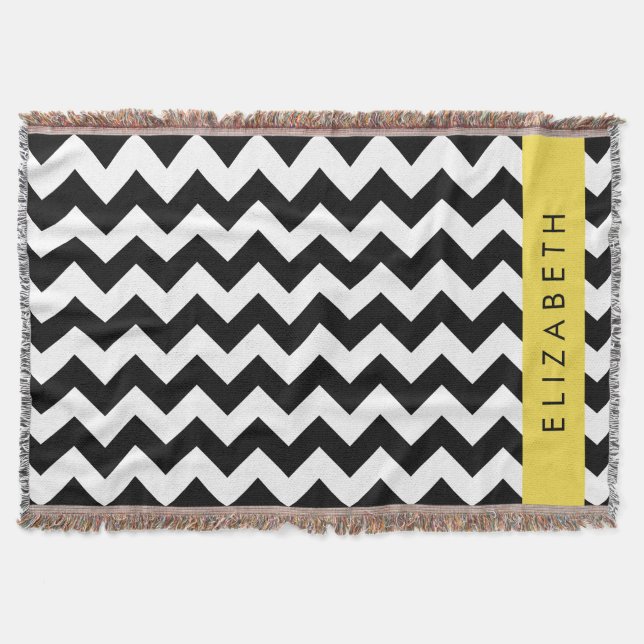 Black and White Zigzag, Chevron Mönster, ditt namn Filt (Framsidan)