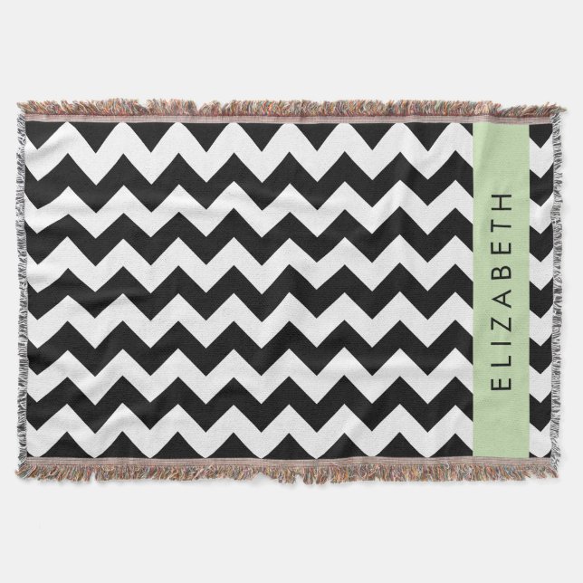 Black and White Zigzag, Chevron Mönster, ditt namn Filt (Framsidan)