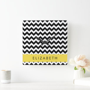 Black and White Zigzag, Chevron Mönster, ditt namn Fyrkantig Klocka