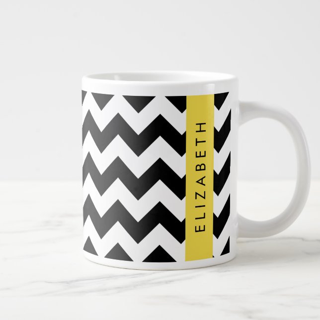 Black and White Zigzag, Chevron Mönster, ditt namn Jumbo Mugg (Höger)