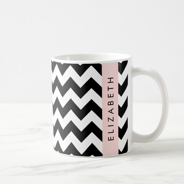Black and White Zigzag, Chevron Mönster, ditt namn Kaffemugg (Höger)