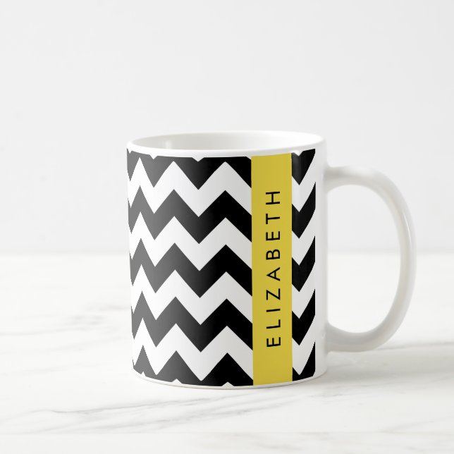 Black and White Zigzag, Chevron Mönster, ditt namn Kaffemugg (Höger)