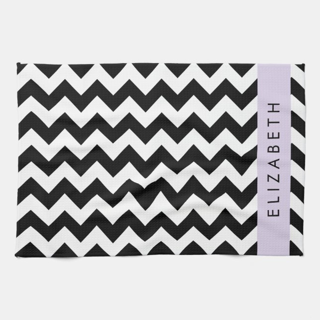 Black and White Zigzag, Chevron Mönster, ditt namn Kökshandduk (Horisontell)