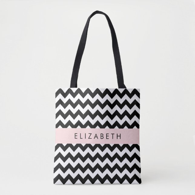 Black and White Zigzag, Chevron Mönster, ditt namn Tygkasse (Framsida)