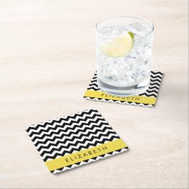 Black and White Zigzag, Chevron Mönster, ditt namn Underlägg Papper Kvadrat