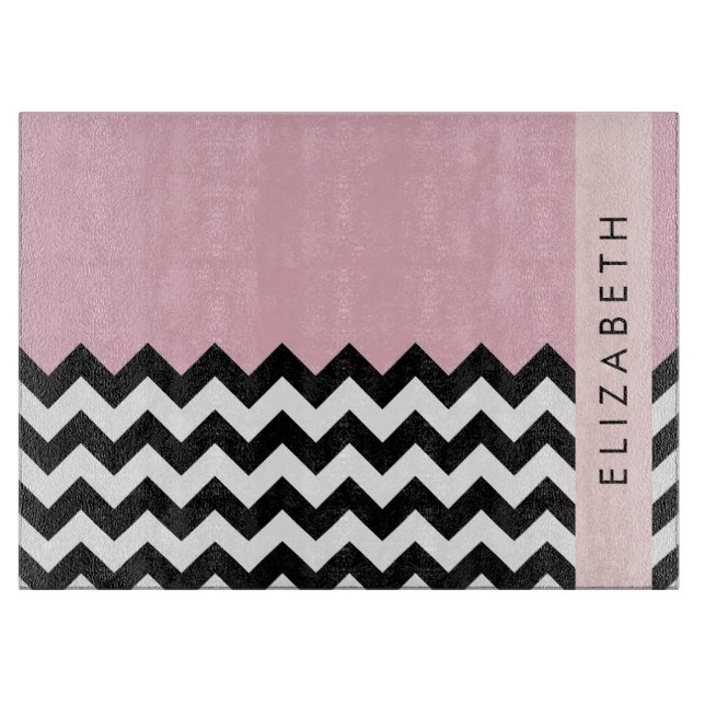 Black and White Zigzag, Chevron, Rosa, ditt namn (Framsidan)