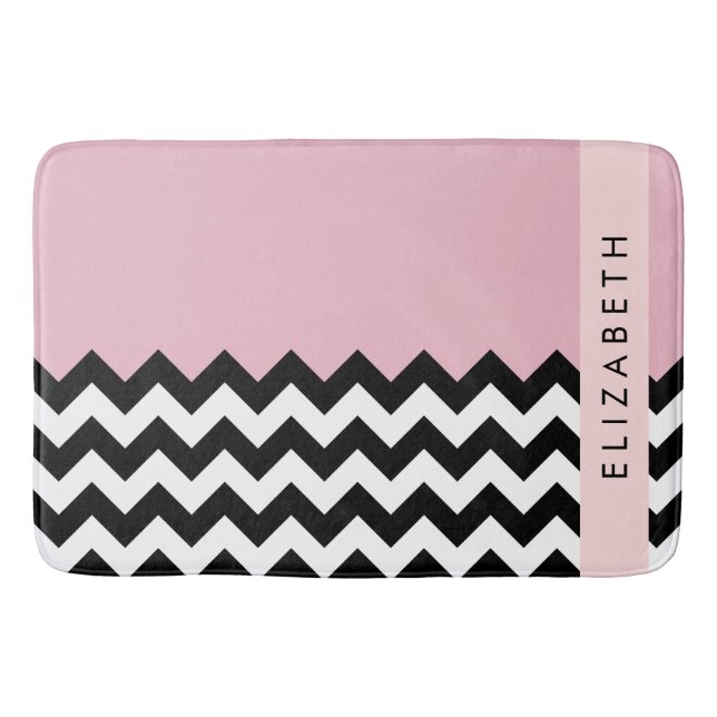 Black and White Zigzag, Chevron, Rosa, ditt namn Badrumsmatta (Framsidan)