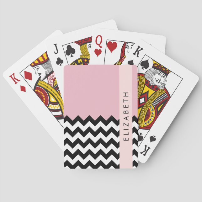 Black and White Zigzag, Chevron, Rosa, ditt namn Casinokort (Baksidan)