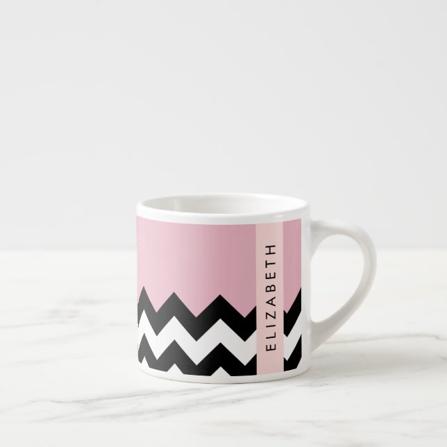 Black and White Zigzag, Chevron, Rosa, ditt namn Espressomugg (Höger)