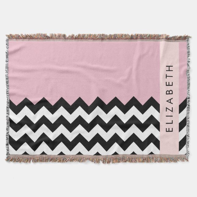 Black and White Zigzag, Chevron, Rosa, ditt namn Filt (Framsidan)