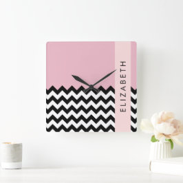 Black and White Zigzag, Chevron, Rosa, ditt namn Fyrkantig Klocka
