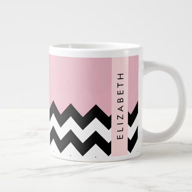Black and White Zigzag, Chevron, Rosa, ditt namn Jumbo Mugg (Höger)