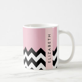 Black and White Zigzag, Chevron, Rosa, ditt namn Kaffemugg