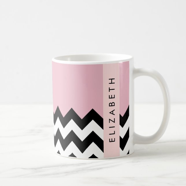 Black and White Zigzag, Chevron, Rosa, ditt namn Kaffemugg (Höger)