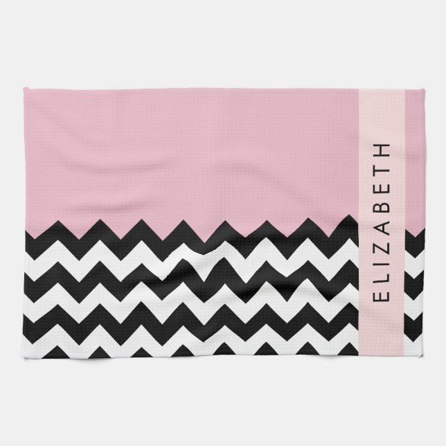 Black and White Zigzag, Chevron, Rosa, ditt namn Kökshandduk (Horisontell)