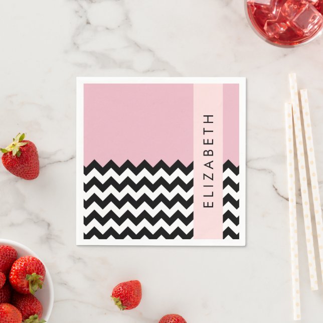 Black and White Zigzag, Chevron, Rosa, ditt namn Pappersservett (Insitu)