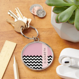 Black and White Zigzag, Chevron, Rosa, ditt namn Rund Silverfärgad Nyckelring