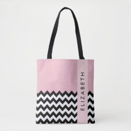 Black and White Zigzag, Chevron, Rosa, ditt namn Tygkasse