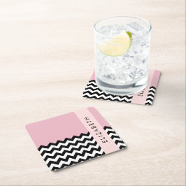 Black and White Zigzag, Chevron, Rosa, ditt namn Underlägg Papper Kvadrat