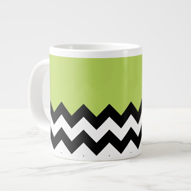 Black and White Zigzag Mönster, Chevron, Grönt Jumbo Mugg (Framsida vänster)