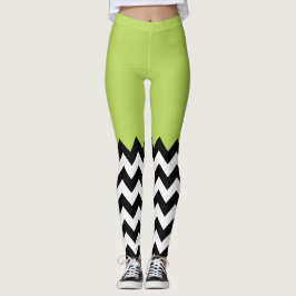 Black and White Zigzag Mönster, Chevron, Grönt Leggings