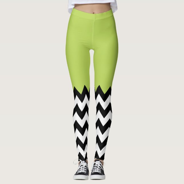 Black and White Zigzag Mönster, Chevron, Grönt Leggings (Framsida)