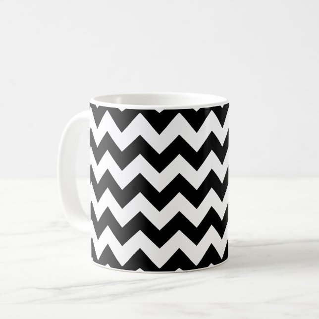 Black and White Zigzag Mönster, Chevron Mönster Kaffemugg (Framsida vänster)
