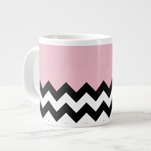 Black and White Zigzag Mönster, Chevron, Rosa Jumbo Mugg (Framsida vänster)