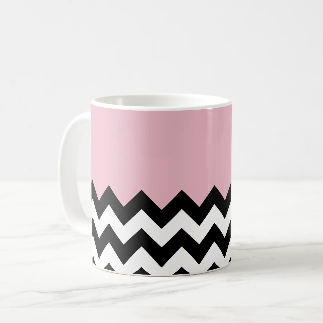 Black and White Zigzag Mönster, Chevron, Rosa Kaffemugg (Framsida vänster)