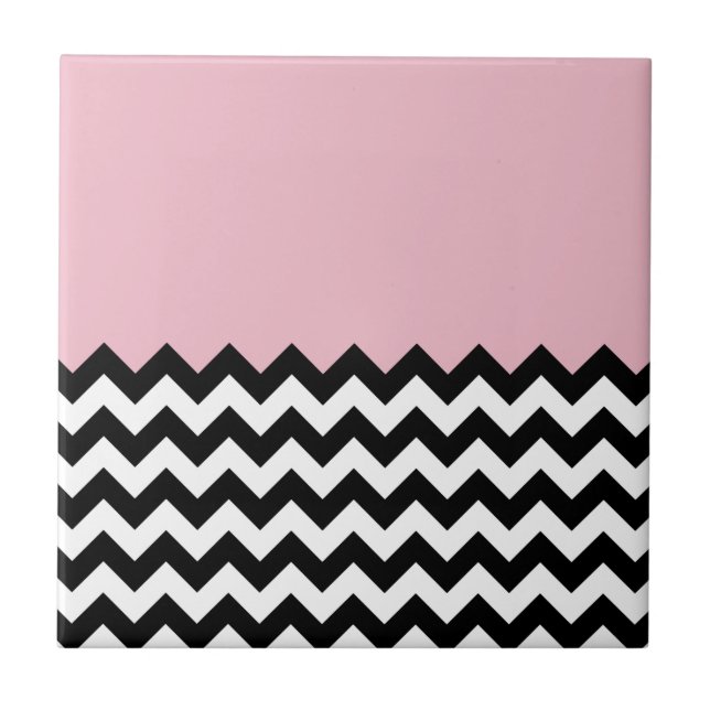 Black and White Zigzag Mönster, Chevron, Rosa Kakelplatta (Framsidan)