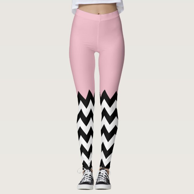 Black and White Zigzag Mönster, Chevron, Rosa Leggings (Framsida)