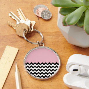 Black and White Zigzag Mönster, Chevron, Rosa Rund Silverfärgad Nyckelring