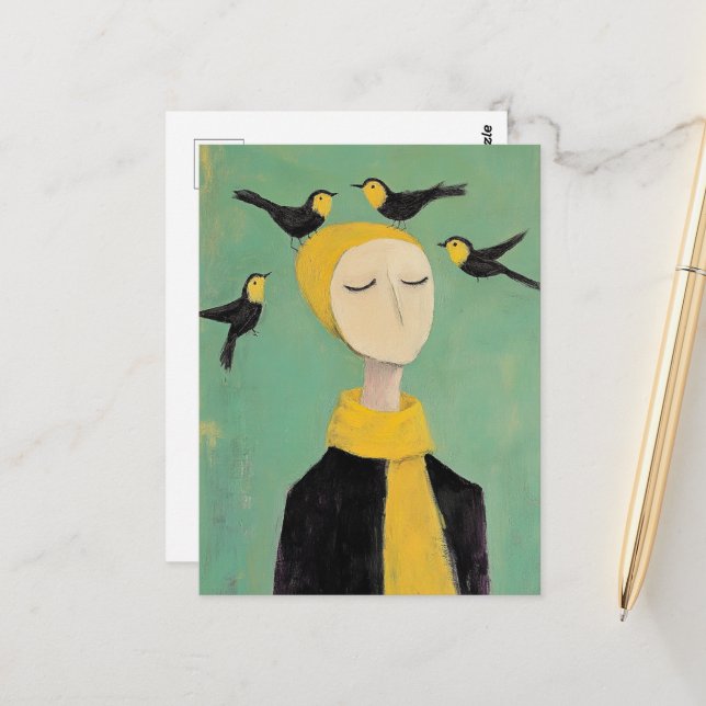 Black and Yellow Birds on Her Head Whimsy Painting Vykort (Fram/Back In Situ)