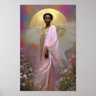 Black Angel Goddess Art Print: Rosa Guld Blommigt Poster